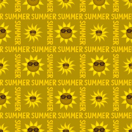 Seamless pattern with funny sunflowers in sunglasses. Decorative smiling plants. Vector illustration in cartoon style. For the design of books, covers, fabrics, children's textiles, wrapping paper.のイラスト素材