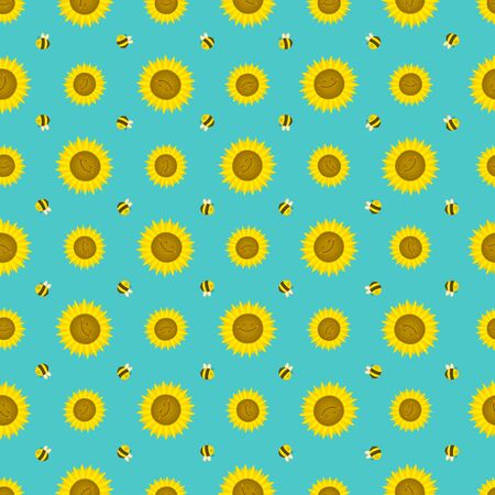 Seamless pattern with funny sunflowers with bees. Decorative smiling plants. Vector illustration in cartoon style. For the design of books, covers, fabrics, children's textiles, wrapping paper.のイラスト素材