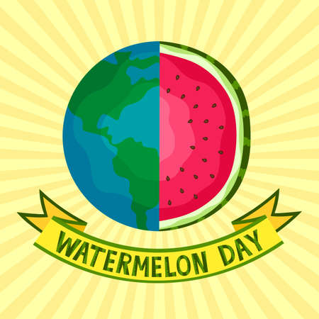 National Watermelon Day. August. Vector. Planet with a slice with seeds and sunbeams. Greeting card. Celebration. On a yellow background with text on a ribbon.のイラスト素材