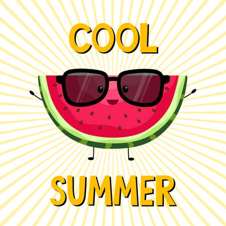 Funny watermelon in sunglasses. Vector. Summer. A slice of fruit with seeds. Greeting card. Celebration. On a white background with text and sunbeams. National Watermelon Day.のイラスト素材