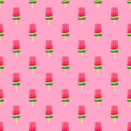Seamless vector pattern of watermelon ice cream. Illustration in cartoon style. Stylized summer juicy print for your design of cards, textiles, t-shirts, banners, fabrics, backgrounds.のイラスト素材