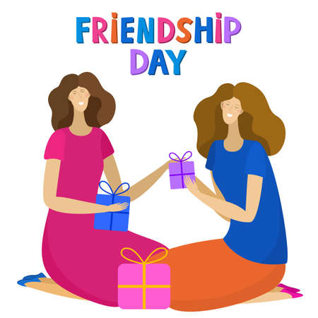 Friendship day. Postcard. Cartoon style. Vector. Youth lifestyle. Happy holiday. Young smiling girls are celebrating together. Bright colorful illustration with quote text.のイラスト素材