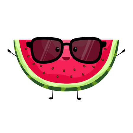 Funny watermelon in sunglasses in cartoon style. Vector. Funny slice with seeds. Greeting card. Celebration. On a white background. Cheerful fruit.のイラスト素材