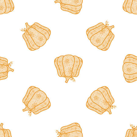 Pumpkin pattern in doodle style. Halloween. Decorative vector seamless textile ornament. Drawing lines. Autumn symbol for the celebration. Vegetables for fabrics, covers, postcards, wrapping paper.のイラスト素材