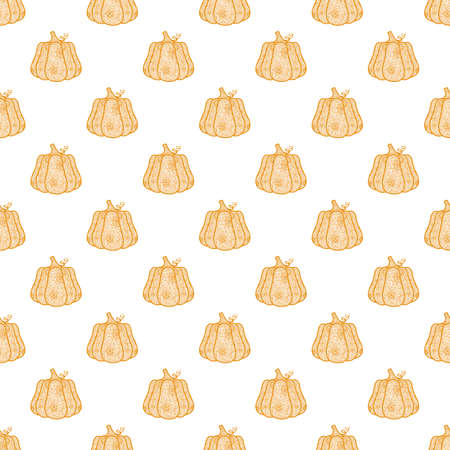 Pumpkin pattern in doodle style. Halloween. Decorative vector seamless textile ornament. Drawing lines. Autumn symbol for the celebration. Vegetables for fabrics, covers, postcards, wrapping paper.のイラスト素材