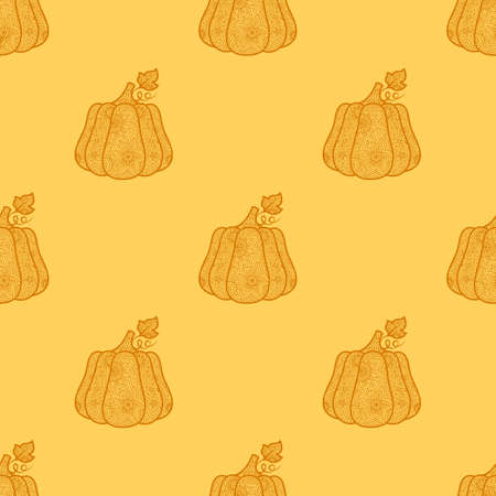 Pumpkin pattern in doodle style. Halloween. Decorative vector seamless textile ornament. Drawing lines. Autumn symbol for the celebration. Vegetables for fabrics, covers, postcards, wrapping paper.のイラスト素材