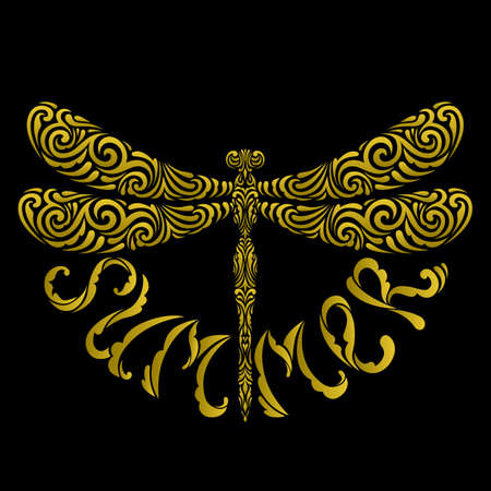 Golden vector silhouette of decorative dragonfly on a black background with text. Summer shiny illustration. Gradient. Linear hand drawn style. Stylized precious insect for your design.のイラスト素材