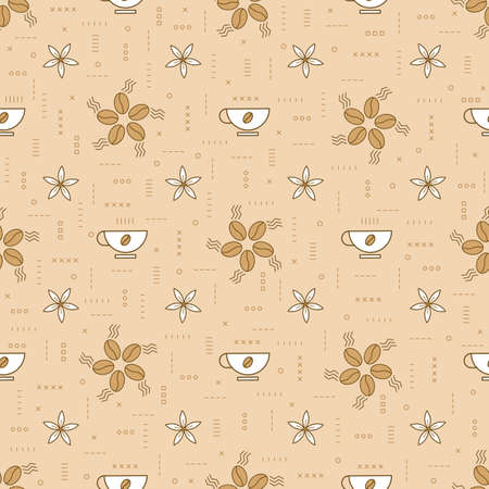 Coffee seamless vector pattern. Coffee beans. Linear style. Decorative ornament. Modern textile print. Nice flavor. For wrapping paper and wallpaper, fabrics, covers and textiles.のイラスト素材
