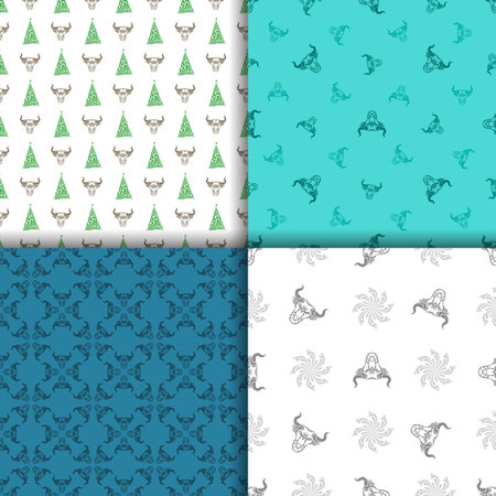 Bull set of patterns for the new year. Seamless backgrounds. Decorative animal heads, snowflakes....