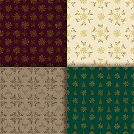 Bull set of patterns for the new year. Seamless backgrounds. Decorative animal heads, snowflakes. Symbol of the year. Vintage stylish. Suitable for textiles, holiday wrapping paper, fabrics, banners.のイラスト素材