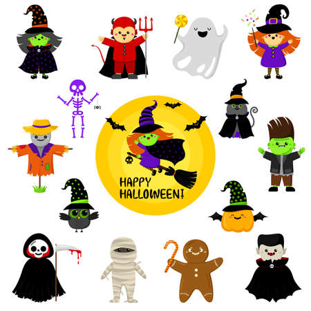 Cute Halloween characters in cartoon style. Set. Children in festive costumes.のイラスト素材