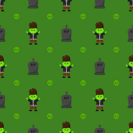 Halloween monster vector pattern. Cartoon style. Kawaii character. Trick or treat. Cute symbols of the holiday. Funny illustration. For fabrics, textiles, cards, backgrounds and wrapping papers.のイラスト素材