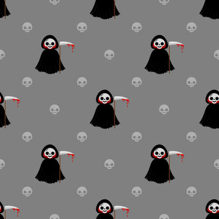Halloween death vector pattern. Cartoon style. Kawaii character. Trick or treat. Cute symbols of the holiday. Funny illustration. For fabrics, textiles, cards, backgrounds and wrapping papers.のイラスト素材