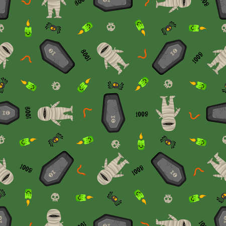 Halloween mummy vector pattern. Cartoon style. Kawaii character. Trick or treat. Cute symbols of the holiday. Funny illustration. For fabrics, textiles, cards, backgrounds and wrapping papers.のイラスト素材