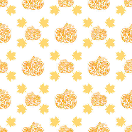 A pattern of pumpkins and maple leaves. Thanksgiving Day. Vector seamless texture. Doodle style. Autumn symbols. For fabric, decorative paper, invitations, textiles.のイラスト素材