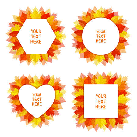 Autumn frames with leaves. Fall wreaths. Invitation templates with yellow and orange leaves. Bright backgrounds. For the design of banners, invitations, cards, flyers. Isolated on white.のイラスト素材