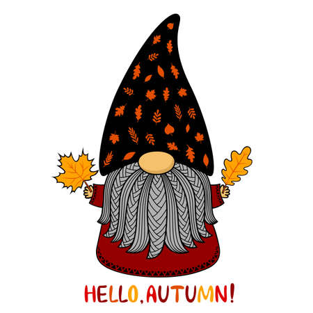 Autumn cute cartoon gnome. Vector illustration. Funny character in a hat made of leaves and text. Isolated on white background. For postcards, flyers, printing on t shirt, invitations, paper cutting.のイラスト素材