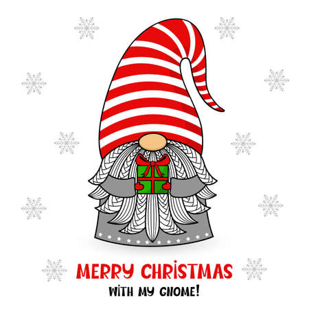 Cartoon Christmas gnome in a hat with gift and text. Vector character with beard and snowflakes. Holiday and new year symbol. Cute illustration. For postcards, invitations, flyers.のイラスト素材
