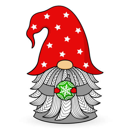 Cartoon Christmas gnome in a hat with a ball. Vector character with a beard. Holiday and new year symbol. Cute illustration. For postcards, invitations, flyers. Isolated on white.のイラスト素材