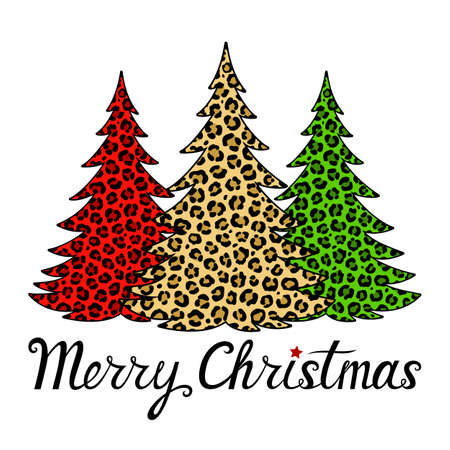 Merry Christmas phrase. Trees with leopard print. Vector holiday card. Animal decorative ornament. Hand lettering. Illustration. Isolated on white background. For printing on T-shirts, bags, banners.のイラスト素材