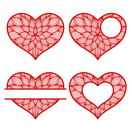 Heart split vector monogram. Frame. Paper or laser cut template. Valentine card, wedding invitation. For names, your text. Decorative symbol of the holiday. Plotter cutting, T-shirt printing, carving.のイラスト素材