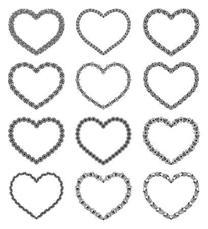 Set of vector floral hearts frames. Wreaths of leaves and flowers. Doodle style. For Valentine's and Mother's Day, Wedding Celebration. Paper cut template, black silhouettes. Isolated on white.のイラスト素材