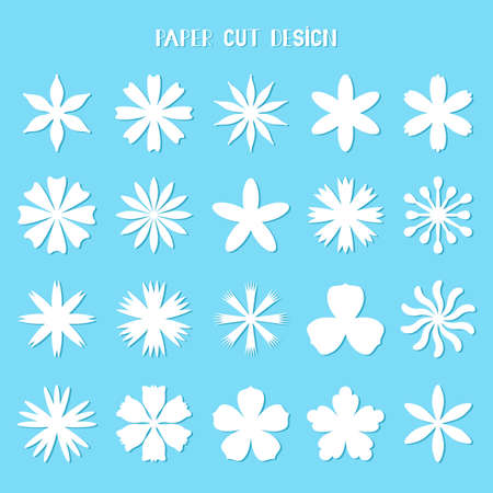Set of vector white paper flowers. Templates. Silhouettes. For paper and laser cutting. Isolated floral decorative elements. For postcards, crafts made of felt, cardboard.のイラスト素材