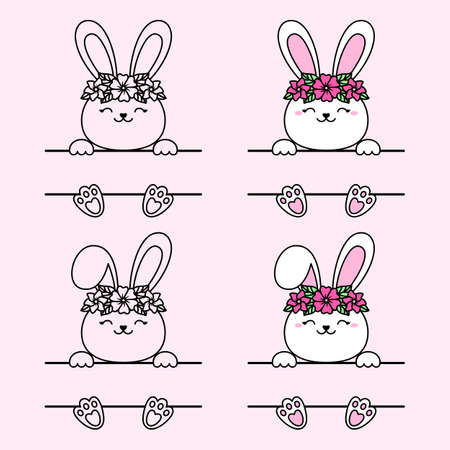 Easter bunny split monogram with flower wreath. Hare with a bent ear. Vector cute character for greeting cards, print on a t-shirt, a mug. For your text.のイラスト素材