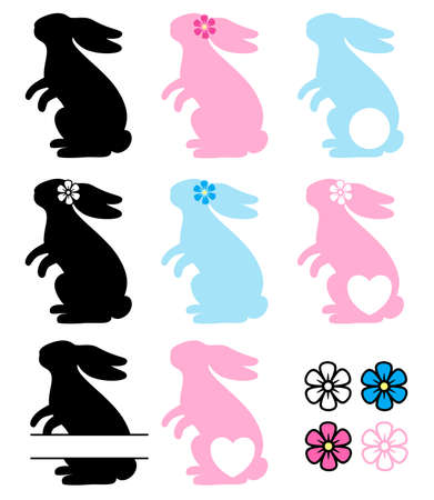 Easter Bunny. Vector silhouette. Rabbit monogram. Floral wreath. For paper, laser cutting, sublimation. Cute festive character with flowers. Holiday symbol. Isolated on white background.のイラスト素材