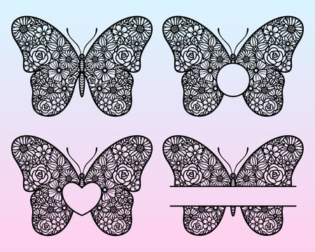 Floral butterfly. Vector set. Split monogram for text. Insect silhouette. Template for laser and paper cutting, printing on a T-shirt, mug. Flat style. Hand drawn decorative element for your design.のイラスト素材
