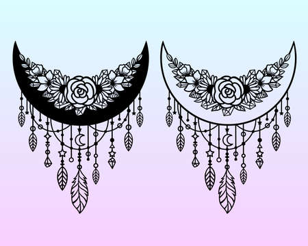 Vector dream catcher with a crescent moon. Decorative illustration in boho style. Hand-drawn ethnic symbol. For paper and laser cutting, printing on T-shirts, mugs.のイラスト素材