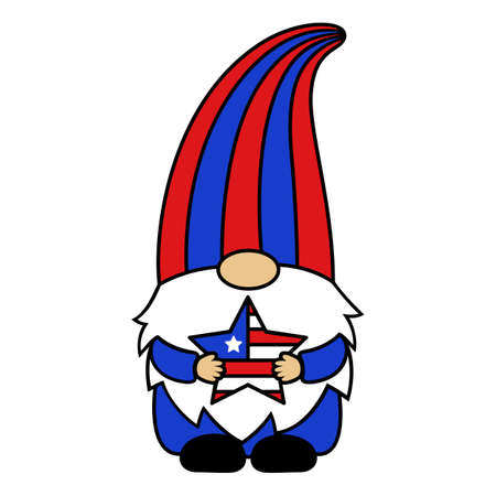 4th of July gnome with star. Independence Day in the USA. Cartoon vector illustration. Patriotic cute character. For greeting cards, printing on T-shirts, mugs. Isolated on white background.のイラスト素材