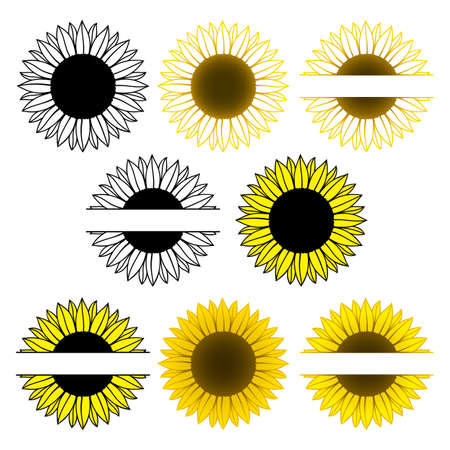 Set of sunflower. Split monogram. Vector paper cut template. Sunflower outline. Flower silhouettes. Isolated on white background. Decorative symboll for card, printing on t-shirt, mug. For your text.のイラスト素材