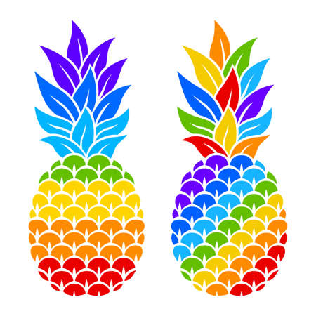 Rainbow pineapple. Flat style. LGBTQ. Color vector illustration. Hand-drawn. Isolated on white background. Bright decorative pineapples for your design, printing on t-shirts, mugs, card.のイラスト素材