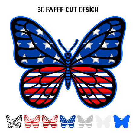 4th of July 3D Butterfly with USA flag. Independence Day. Vector patriotic symbol. Layered insect. Paper or laser cut template, printing on t-shirt, sublimation. For card, banner, flyer.のイラスト素材