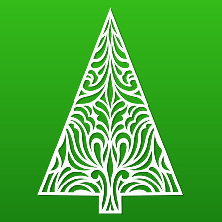 Christmas vector tree. Lace template for laser, paper cutting. Decorative ornate illustration. Silhouette for cards, flyers, print. Modern design for winter holidays. Home decoration.のイラスト素材