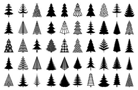 Christmas tree black silhouette. Vector set template for laser, paper cutting. Decorative ornate illustration. Trees for cards, flyers, print. Modern design for winter holidays. Home decoration.のイラスト素材