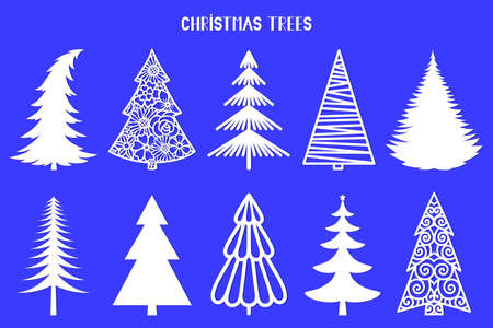 Christmas tree silhouette. Vector set template for laser, paper cutting. Decorative ornate illustration. Trees for cards, flyers, print. Modern design for winter holidays. Home decoration.のイラスト素材