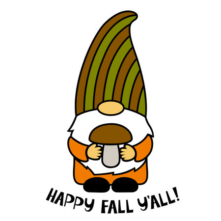Happy Fall You All. Gnomes with a mushroom. Thanksgiving Day. Vector illustration. Funny characters. Autumn symbols. Isolated on white background. For T-shirts, paper cut, postcards.のイラスト素材