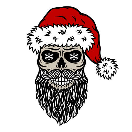 Christmas Skull Santa Claus in red hat, beard, snowflakes. Vector cartoon Illustration. Isolated on white background. Creepy Christmas style character for card, t-shirt.のイラスト素材