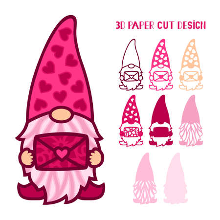3D layered gnome with envelope. Valentine's day. love symbols. paper,laser cut template. For postcard, window, gift, wall decorations, sublimation. Vector illustration isolated on white.のイラスト素材