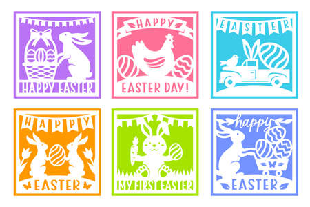 Easter card vector set with bunny,flowers,egg. For paper or laser cutting and sublimation. happy easter phrase. Cute characters with spring symbols. Holiday paper cut template.のイラスト素材