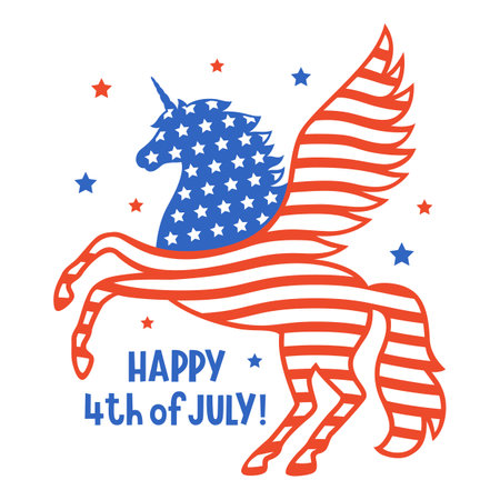 Patriotic unicorn silhouette with flag of the USA. Happy 4th of july card. independence day. American vector illustration for prints on t-shirts, bags. isolated on a white background.のイラスト素材