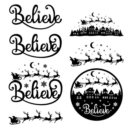 believe. Christmas vector set.For a postcard, banner, window, wall decor, paper cutting, printing on T-shirts, pillows. Holiday text. isolated on white background.のイラスト素材
