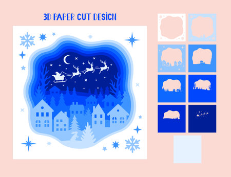 3D Christmas shadow box. Vector layered tunnel card. Santa Claus flies in a sleigh with reindeer over the winter city. Template for paper cutting. Christmas light box.のイラスト素材