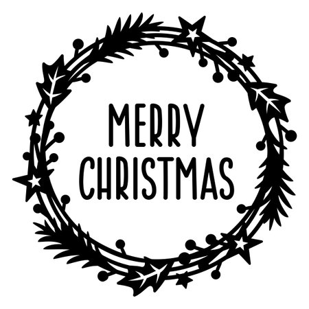 Merry Christmas round wreath sign. For a postcard, banner, window, wall decor, paper cutting, laser cut, printing on T-shirts, pillows. Holiday text. isolated on white background.のイラスト素材