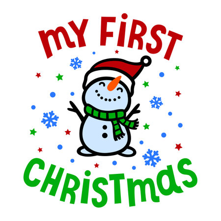 My First Christmas with snowman. Vector phrase. Holiday handwritten quote. Text for baby greeting card, invitation, banner, poster, print t shirt. isolated on white background.のイラスト素材