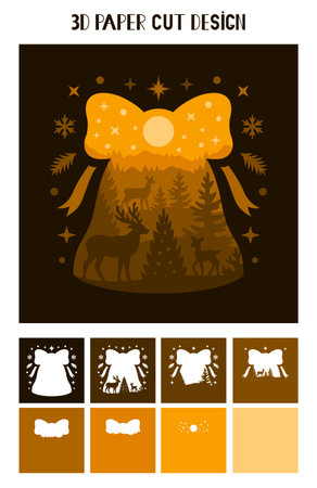 3D Christmas Bell shadow box. Vector layered tunnel card with deer and trees. Template for paper cutting. Christmas light box. Multilayer paper cut design for plotter.のイラスト素材