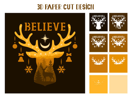 3D Christmas Deer shadow box. Believe phrase. Vector layered tunnel card with deer and trees. Template for paper cutting. Christmas light box. Multilayer paper cut design for crafters.のイラスト素材