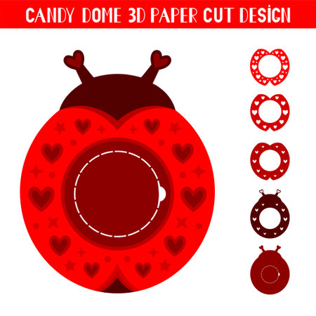 Ladybug candy dome holder with hearts. Paper cut template. Vector illustration. Cute holiday symbol. 3D layered Valentines ornament for sweets.のイラスト素材